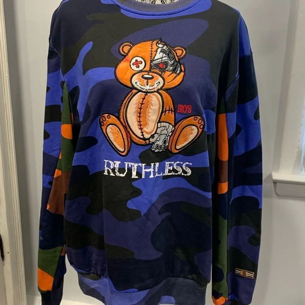 BKYS Ruthless Camouflage Embroidered Patch Sweatshirt - Blue and Black